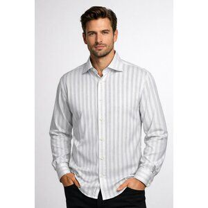 Bugatchi Mens White Striped Button-Up Long Sleeve Shirt Classic Fit Embroidered